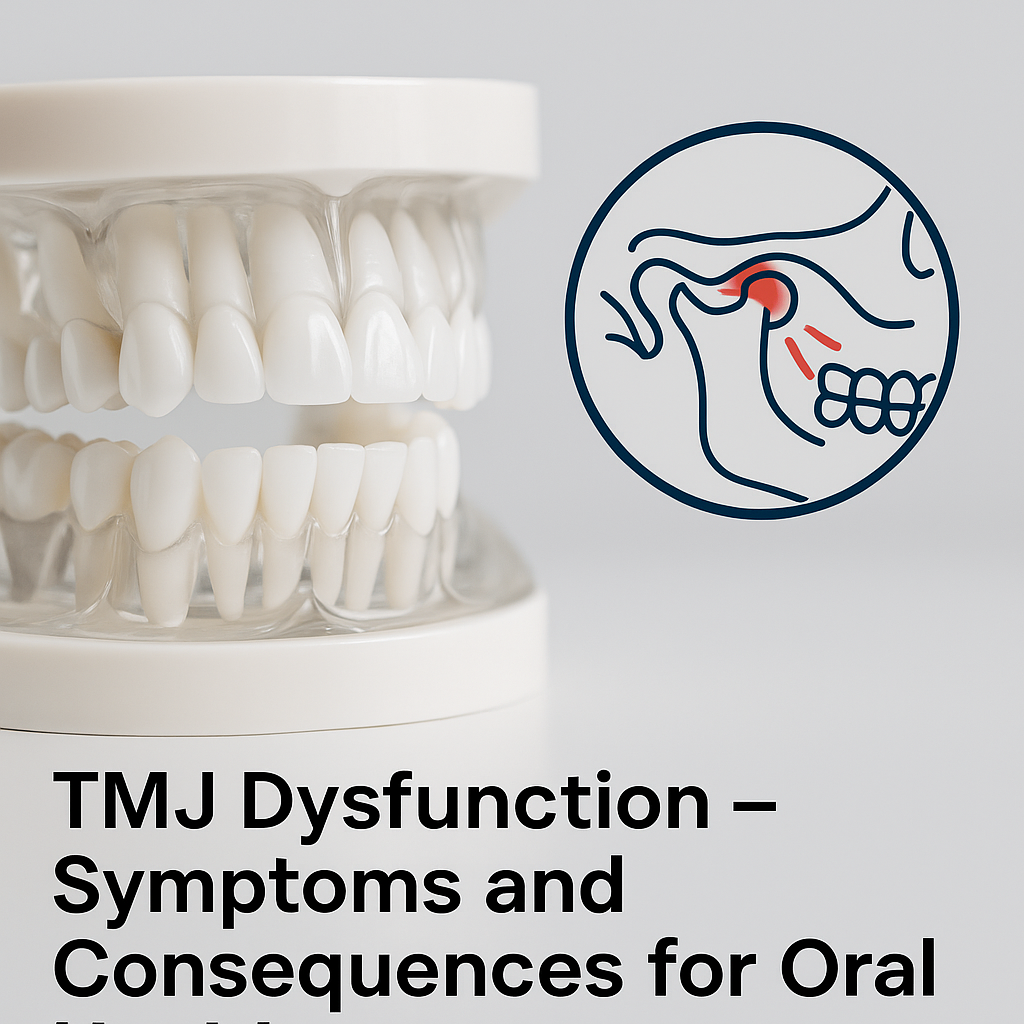 Dental model with a TMJ diagram showing joint pain and jaw misalignment.