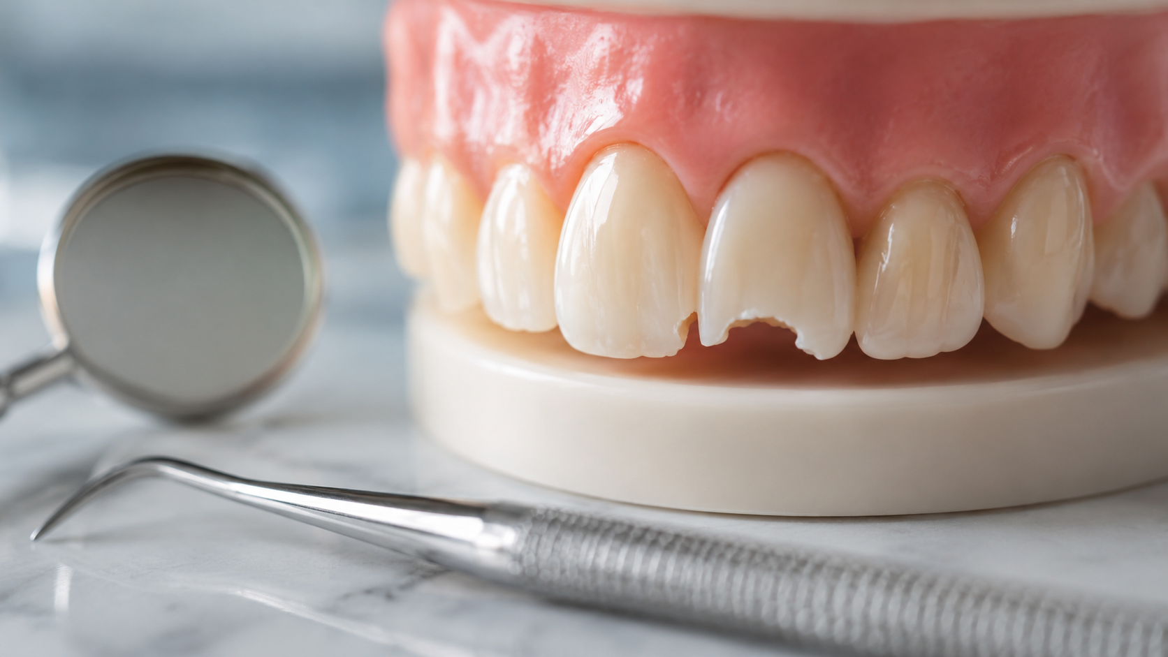 Dental model with chipped front tooth and dental instruments