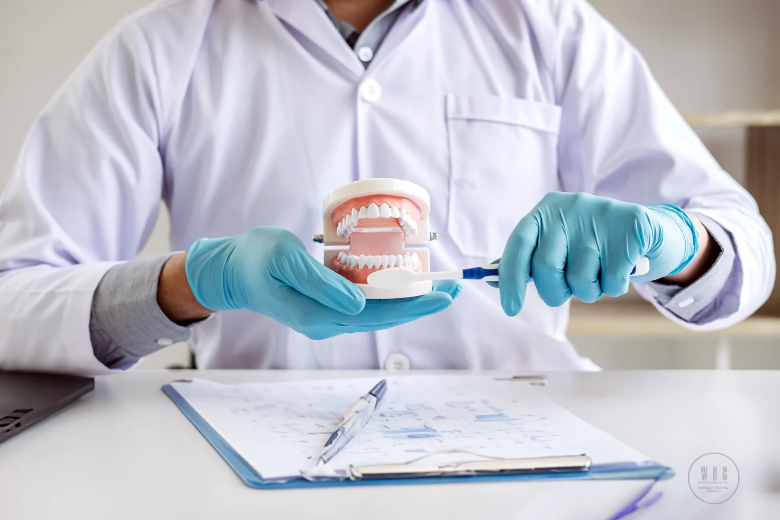 Dentysta trzyma model szczęki zębów i czyści zęby szczoteczką do zębów.