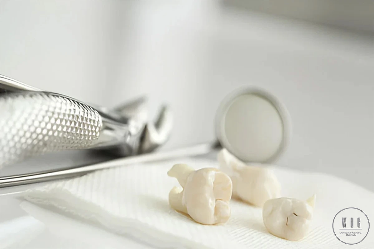 Three extracted wisdom teeth are next to dental instruments after surgery.