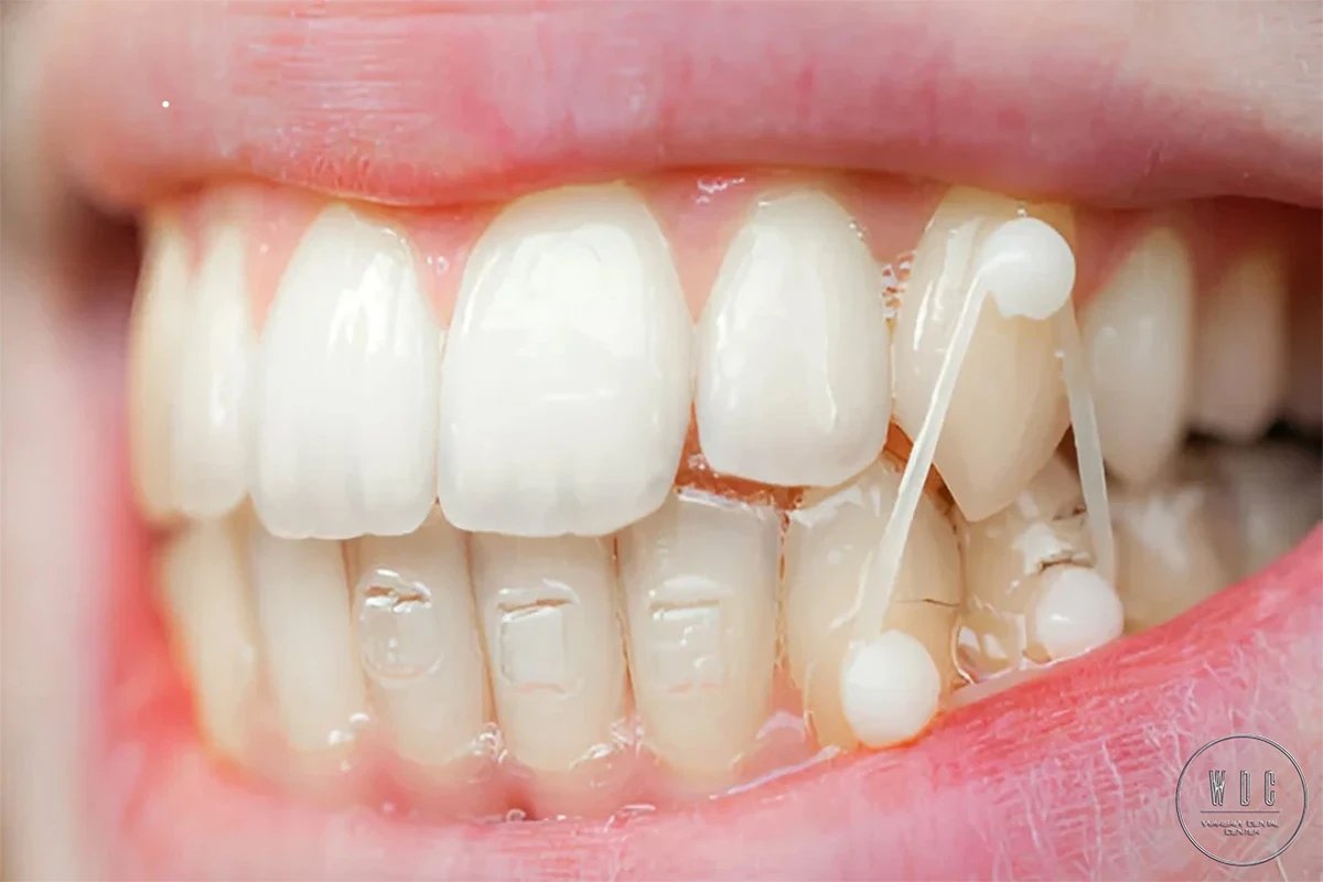 Kobieta ze zgrabnymi stałymi aparatami ortodontycznymi uśmiecha się szeroko.