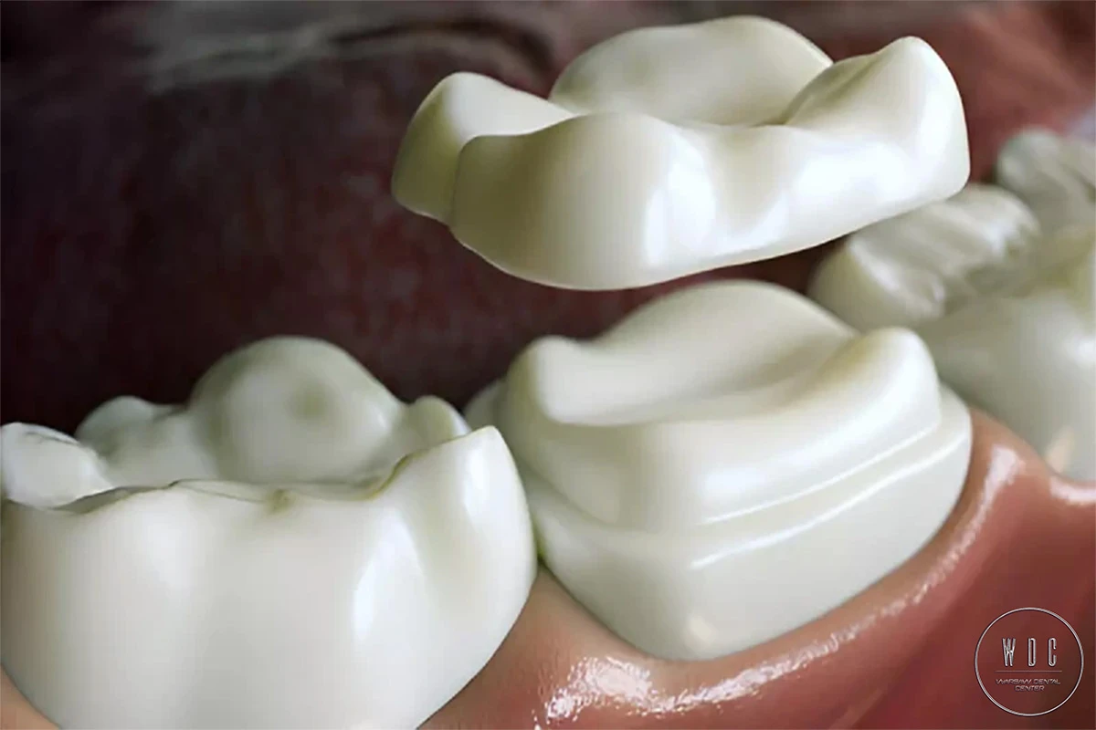Zbliżenie nakładek na ząb z dolnej szczęki.