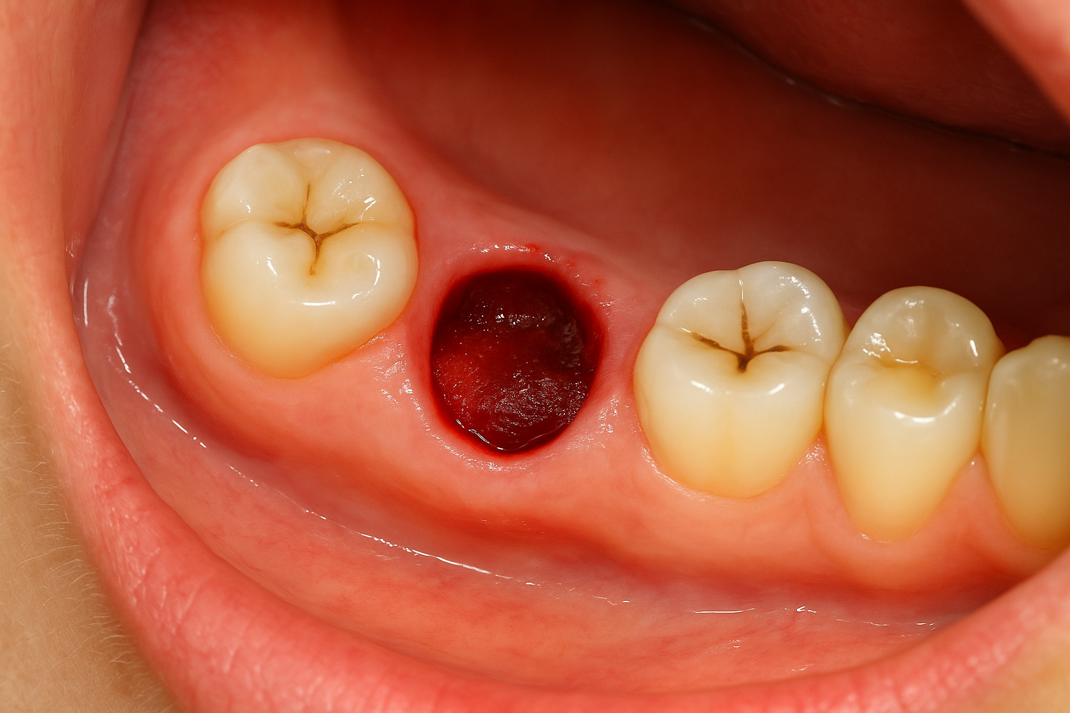 Zbliżenie jamy ustnej, widać świeży skrzep w zębodole, ujęcie realistyczne, edukacyjne.