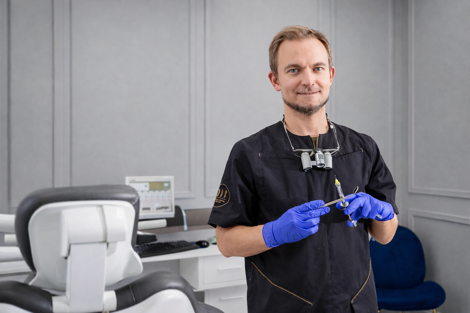Dr Bartosz Leonczak, lekarz stomatolog, przygotowujący się do zabiegu w nowoczesnym gabinecie Warsaw Dental Center