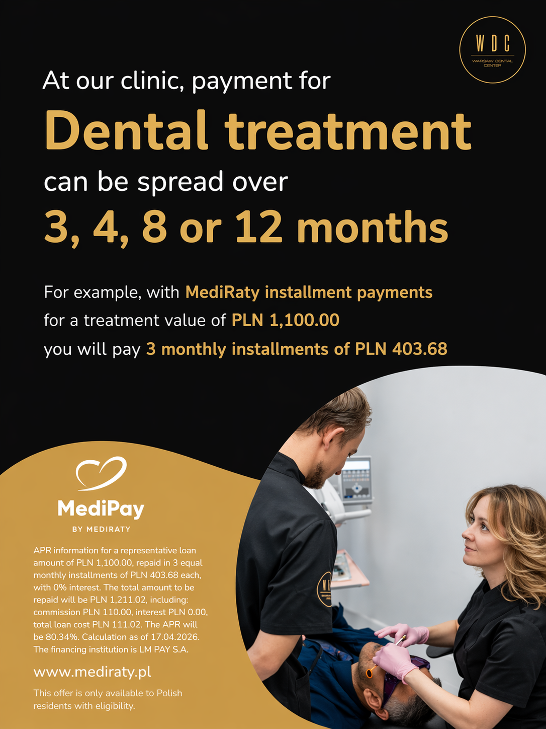 Warsaw Dental Center graphic about MediRaty and MediPay installment payments for dental treatment