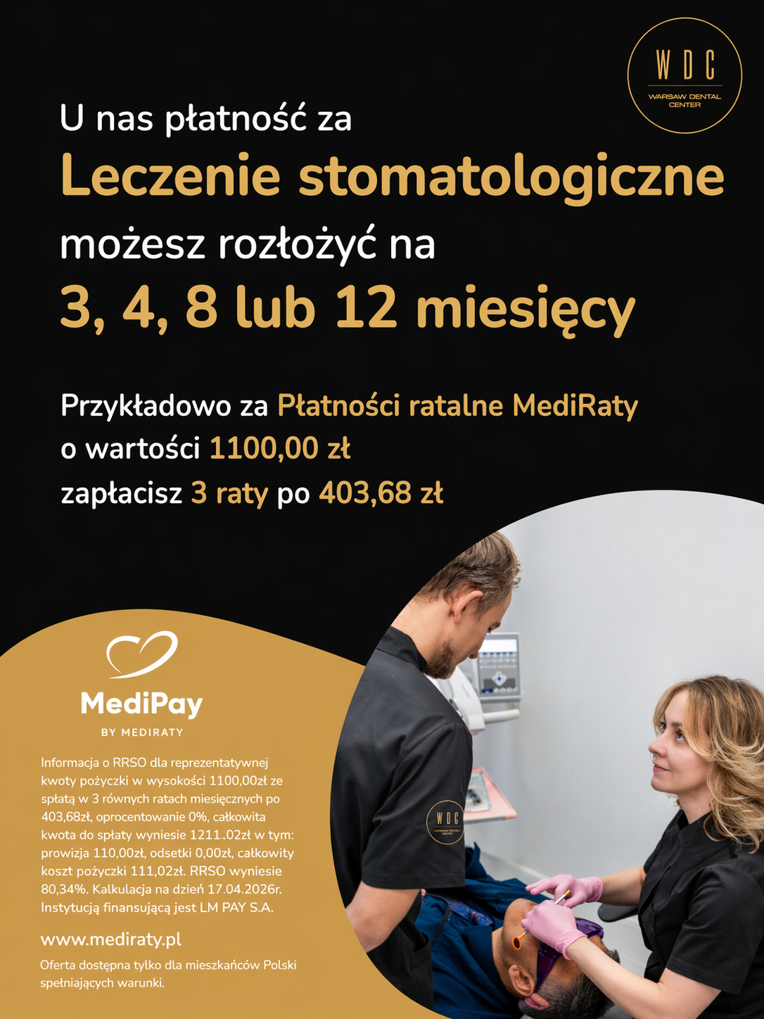 Grafika Warsaw Dental Center o płatnościach ratalnych MediRaty i MediPay za leczenie stomatologiczne